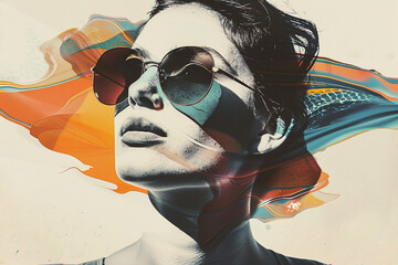 Summer abstract composition with a portrait of a girl in sunglasses. Trendy fashion illustration