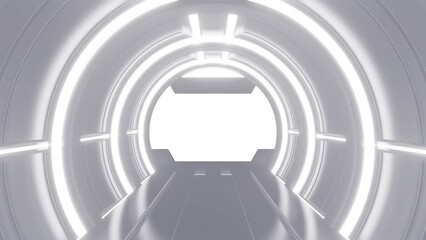 Wall Mural - Opening gate or door in white futuristic tunnel spaceship or science laboratory corridor . Sci-fi concept design in realistic 3d style. Digital animation with alpha matte channel.