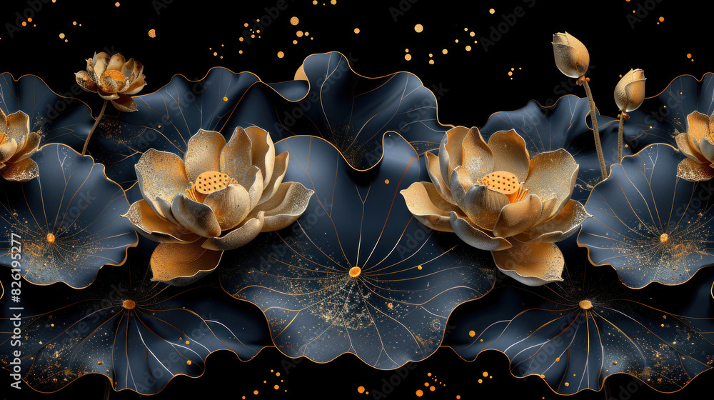 Delicate hand-drawn lotus leaves in gold line art on an art background ...