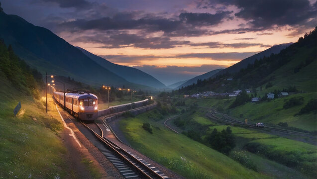 train is passing through a valley at dusk