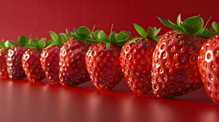 Wall Mural - A row of strawberries is lined up, with one strawberry in focus. The background is solid color, which creates an elegant and simple atmosphere. Detailed texture and color of strawberries.