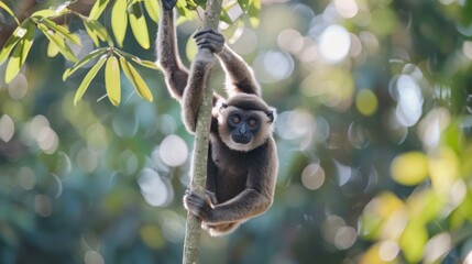A gibbon swinging from branch to branch. 