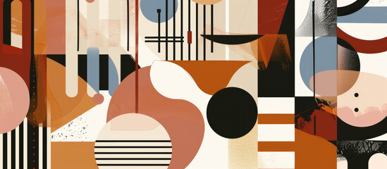 Wall Mural - Modern abstract composition with a balance of bold colorful shapes and delicate patterns inspired by Memphis style in earthy colors