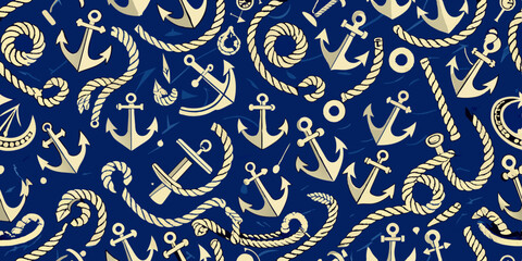 A seamless nautical-themed pattern with yellow anchors, coiled ropes, and stars on a blue background. The design includes detailed illustrations of various knot styles and small maritime elements