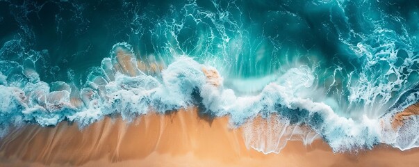Wall Mural - Dramatic Aerial Photograph of Waves Crashing Against the Beach. Turquoise Waters and Golden Sand, Travel Concept Background.