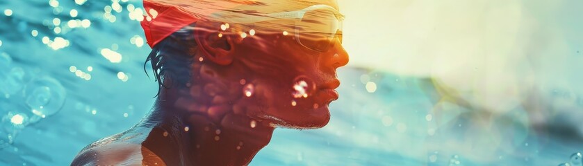 A side profile of a swimmer with a red swim cap in the water, captured in motion with a vibrant, dreamy, and artistic reflection effect.