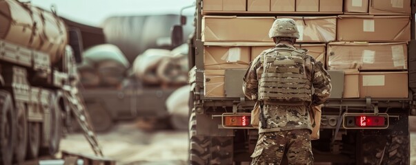 A soldier in camouflage uniform stands at the back of a military truck loaded with boxes, amidst heavy equipment in a deployment area.