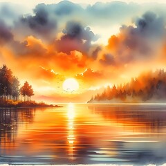 Wall Mural - sunset over the river background 