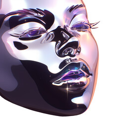 Wall Mural - Futuristic chrome woman face isolated. Shiny gloss metal human head sculpture. Y2K holographic metal mask for music poster