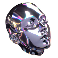 Wall Mural - Futuristic chrome woman face isolated. Shiny gloss metal human head sculpture. Y2K holographic metal mask for music poster