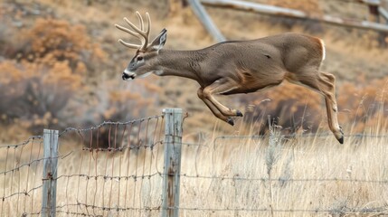 Wall Mural - A mule deer leaping over a fence. 