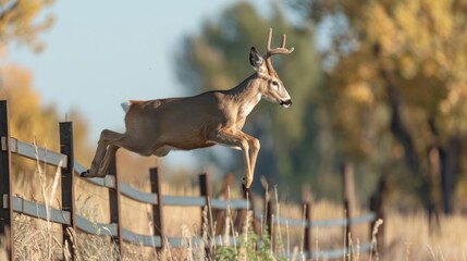 Wall Mural - A mule deer leaping over a fence.