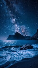 Wall Mural - picturesque landscape of mountain ridge near wavy sea under starry sky at night