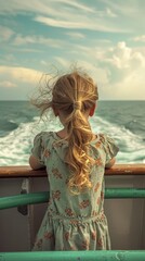 Wall Mural - Young girl hanging on the railing of a ferry in summer.