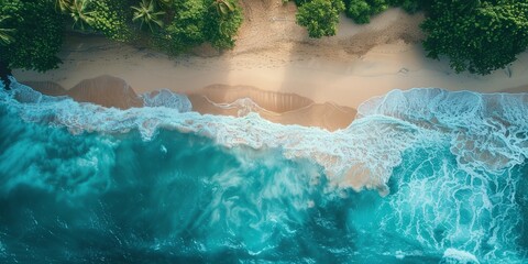 Wall Mural - Dramatic Overhead Shot of a Tropical Beach. Crashing Waves and Golden Sands Background.