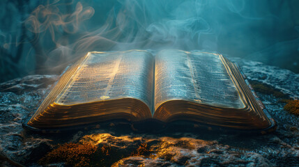 Holy Bible illuminated with a bright glow, ancient pages shining with wisdom, offering a timeless and holy message.