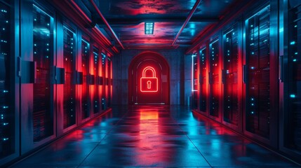 Canvas Print - Secure Data Center with Neon Lock Sign
