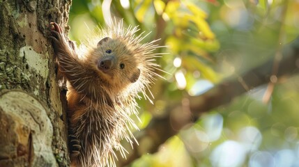 A porcupine climbing a tree. 