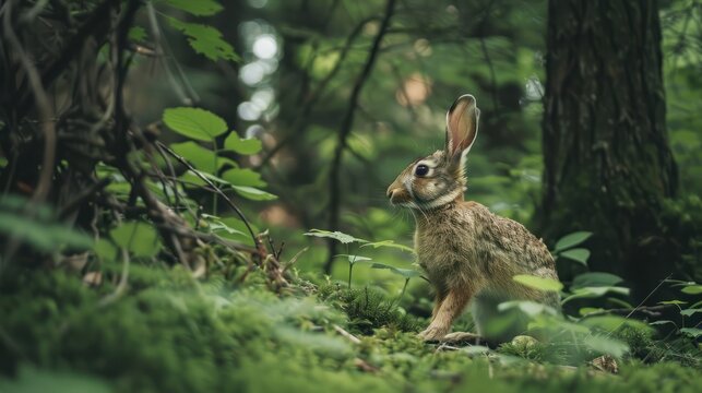 A rabbit hopping through the forest. 