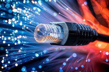 Wall Mural - Closeup of a glowing ethernet cable with optical fiber background symbolizing fast internet connectivity