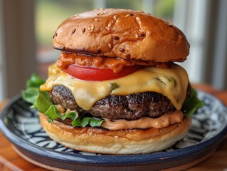 A large hamburger with cheese and tomato on a blue plate. The burger is sitting on a wooden table