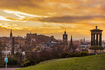 Wall Mural - Calton Hill and Edinburgh city scenic view at sunset