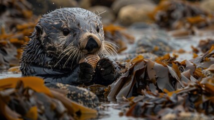 Wall Mural - A sea otter using a rock to open shells. 