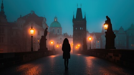 Wall Mural - Silhouette of a girl in Charles bridge with historic buildings in the city of Prague, Czech Republic in Europe.