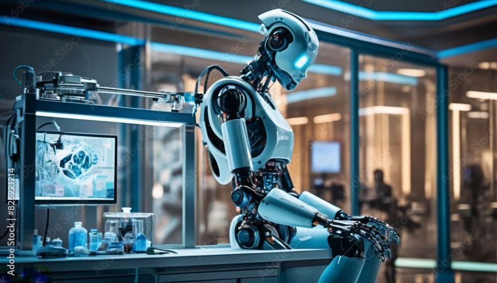 A robotic arm operates complex equipment within a futuristic laboratory ...