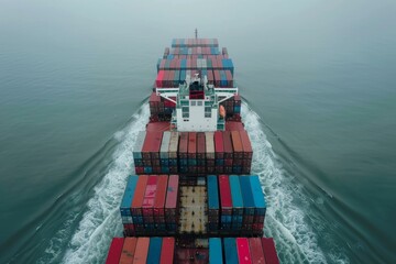 Poster - Overhead shot capturing a cargo ship laden with containers traveling through misty seas