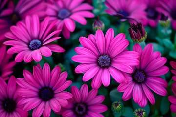 Wall Mural - A bunch of pink flowers with green leaves