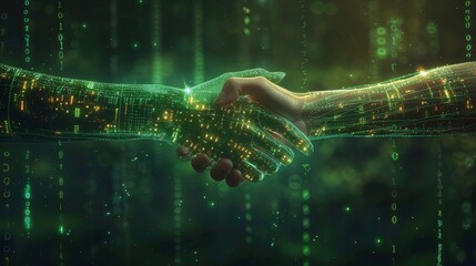 Wall Mural - Human and AI Handshake in Digital World