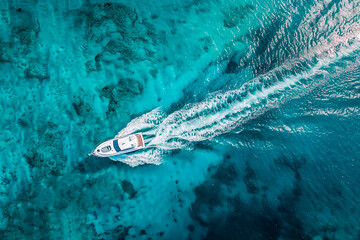 Poster - A boat is speeding through the ocean with a wake behind it