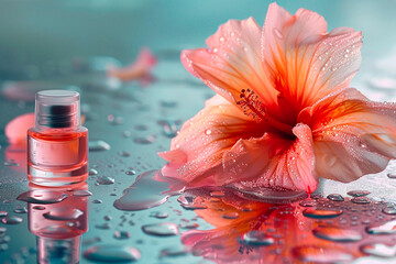 Poster - A bottle of perfume is next to a pink flower