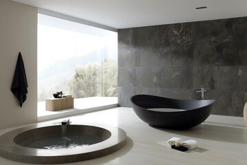 Wall Mural - Elegant contemporary bathroom interior with freestanding bathtub and scenic window view