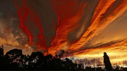 Poster -   A person standing in front of a red sunset cloud