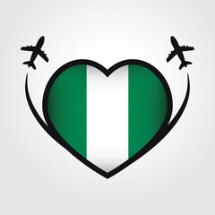 Wall Mural - Nigeria Travel Heart Flag With Airplane Icons