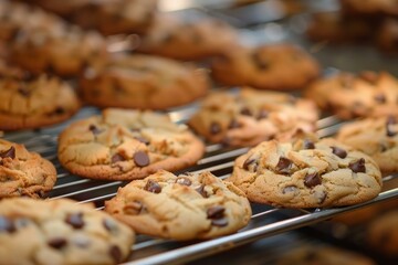 Wall Mural - Closeup of delicious homemade chocolate chip cookies cooling on a wire rack