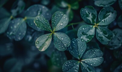 Wall Mural - A close up of three green leaves with raindrops on them