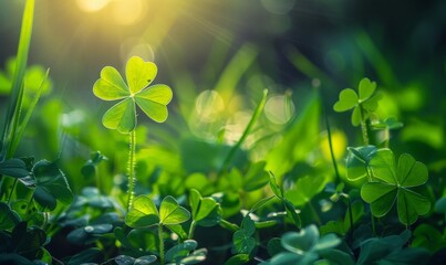 A close up of a green field with a single clover in the foreground