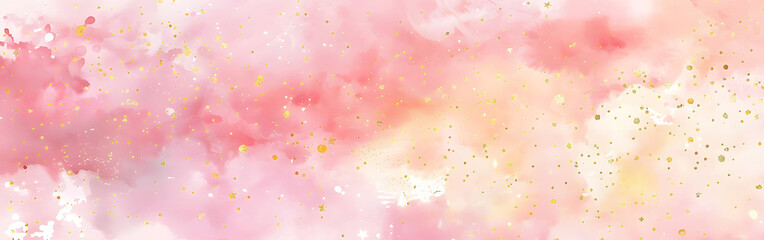 Watercolor horizontal background in pink pastel colors with small golden stars, digital paper style