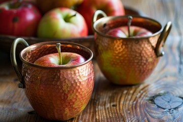 Sticker - Fresh red and green apples presented in rustic copper cups against a wooden backdrop