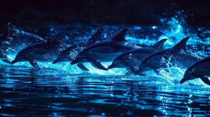 Wall Mural - a pod of dolphins racing through the water their bodies lighting up with bioluminescence as they swi