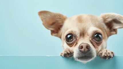 Wall Mural - Cute dog peeping with plain background.