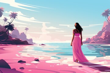 Wall Mural - woman in pink dress on tropical beach illustration