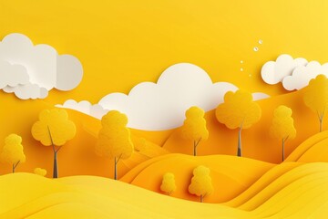 Landscape paper cut art of trees and clouds on yellow background with sky clouds