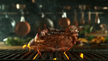 Sticker - Super Slow Motion of Falling Beef Steak on Grill. Filmed on High Speed Cinema Camera, 1000 fps. Kitchen with Utensils on Background.