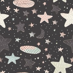 Wall Mural - Whimsical Night Sky Seamless Pattern with Stars and Planets