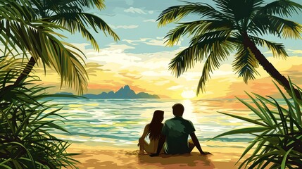 Wall Mural - A couple sitting on a beach at sunset, surrounded by palm trees, with a view of the ocean and distant mountains.