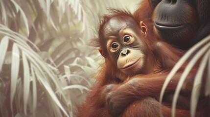 Adorable baby orangutan clinging playfully to its mother's fur, against a backdrop of lush white jungle foliage.